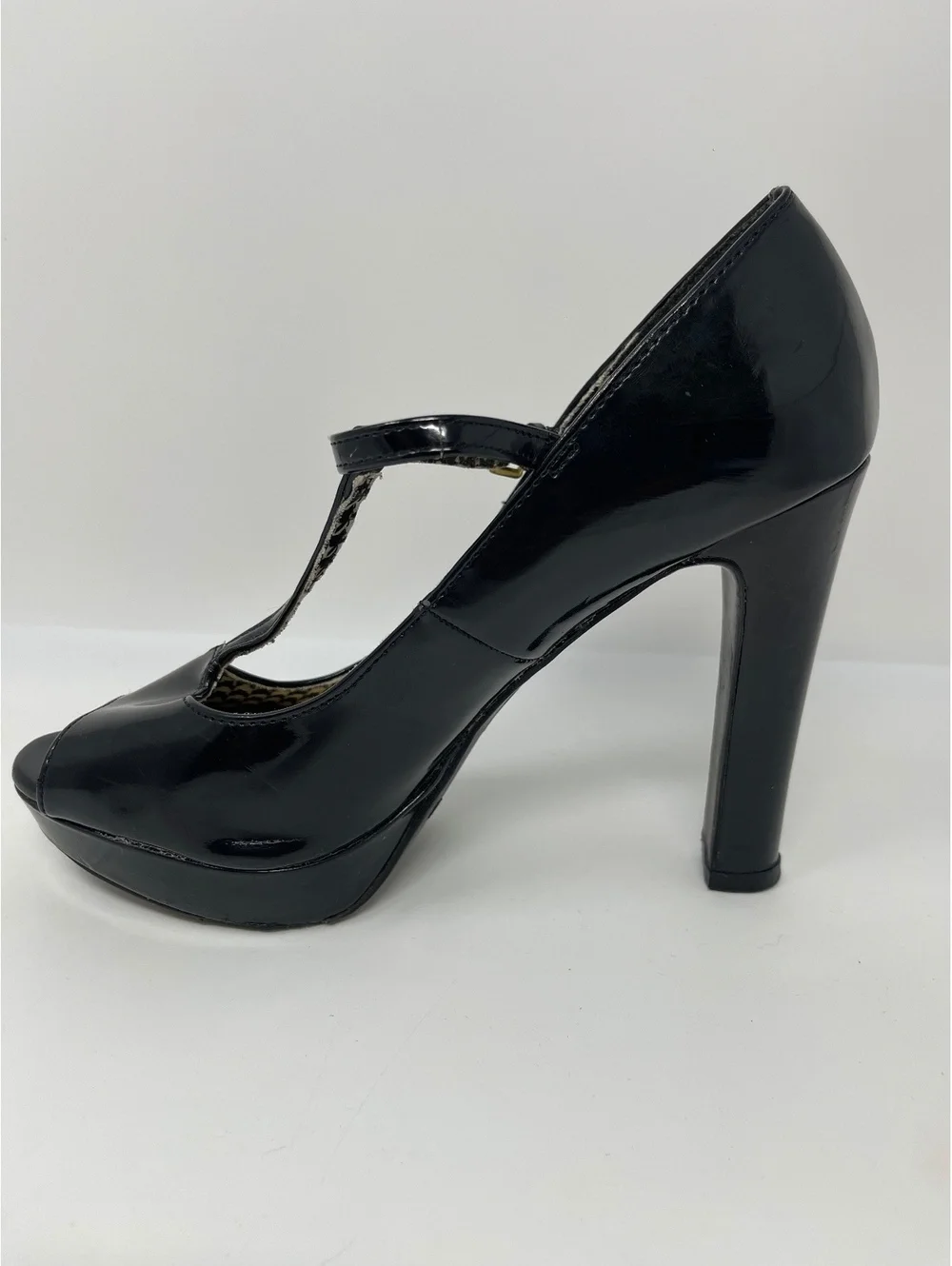 Christian Siriano Black Patent T-Strap Peep Toe Platform High Heels Pumps 6.5